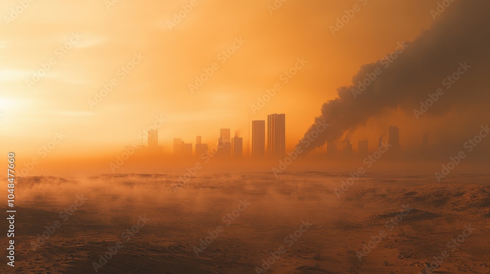 Dystopian Cityscape at Sunset: Smoke, Fog, and Skyscrapers in the Distance Dystopian Cityscape at Sunset: Smoke, Fog, and Skyscrapers in the Distance