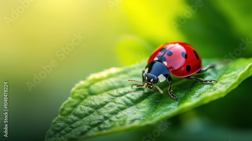 Macro shot of a vibrant red ladybug crawling on a bright green leaf. Soft natural light highlighting the insect's glossy shell and the delicate texture of the leaf.