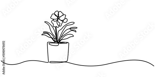 Continuous one line drawing of plant flower in a pot. Doodle vector illustration, House Plant Single Line Drawing  with Editable Stroke, Plant tree in pot in human hands. Continuous one line drawing.