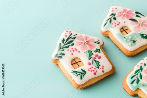 top view gingerbread house shaped coockies decorated with poinsettia floral print frosting on a pastel blue background photo