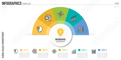 Semi circular infographic business template or element as a vector including 5 step, process, with colorful rectangle and icons on white background for slide or presentation, simple, modern, minimal