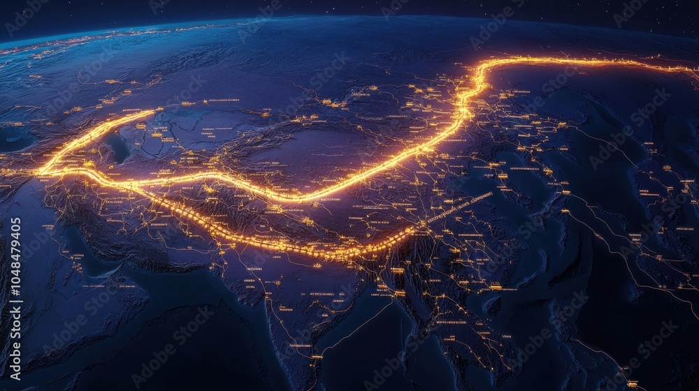 Glowing digital map of trade routes along the Silk Road, with labeled ...