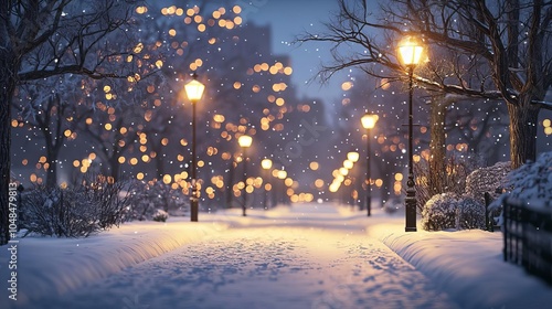 Fototapeta Naklejka Na Ścianę i Meble -  Winter time Snow-covered city street, soft streetlights glowing, quiet winter night, 3D illustration