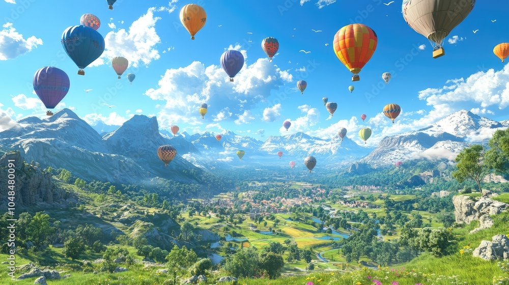 Fototapeta premium A brilliant blue sky filled with hot air balloons of all colors, drifting above a sprawling green valley and mountains in the distance