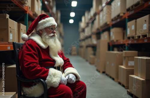 Santa claus in a warehouse full of packages - christmas delivery concept for holiday logistics photo