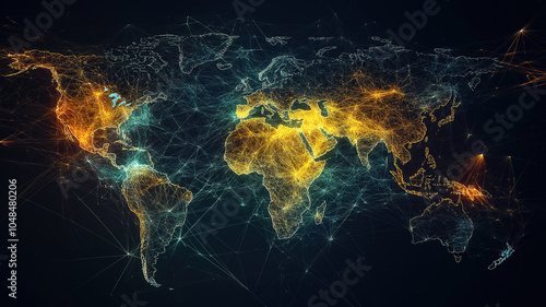 Elegant world map featuring network structures illustrating the concept of globalization