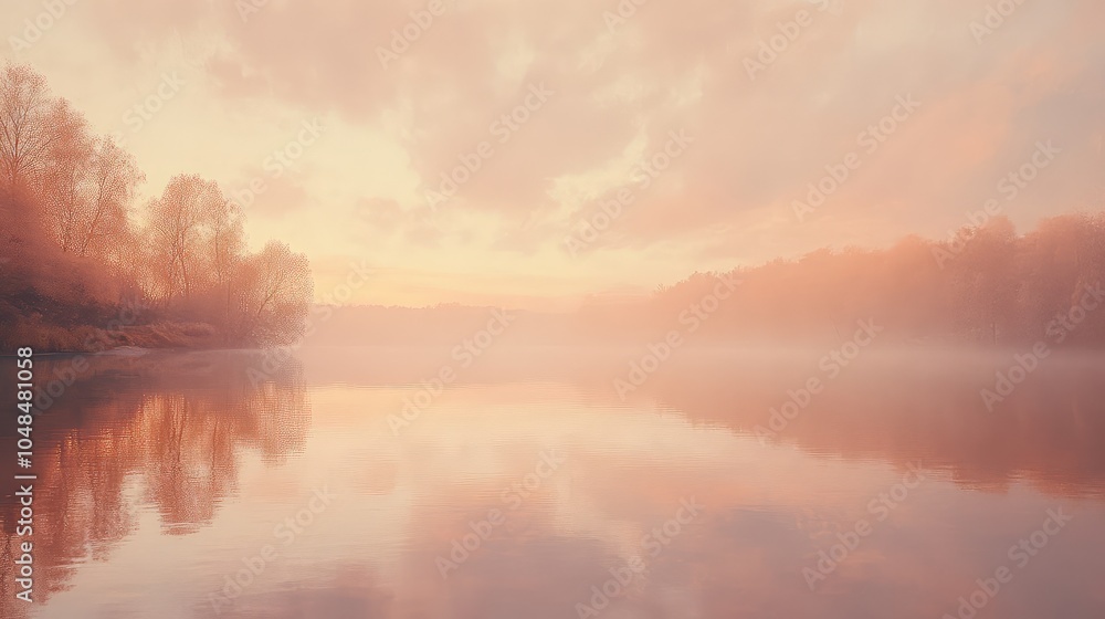 Obraz premium A calm morning sky with light pastel tones of pink and orange glowing softly, reflecting in the still waters of a quiet river