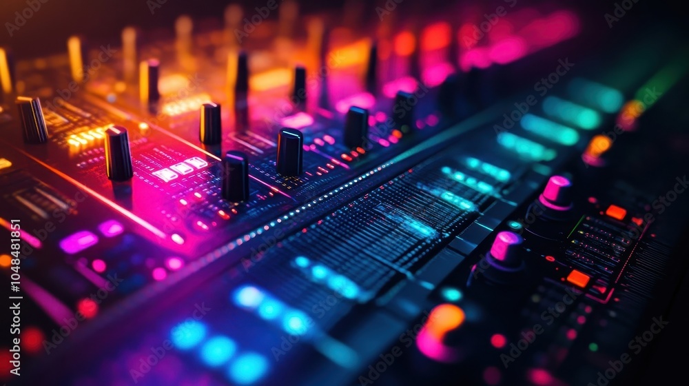 Colorful Audio Mixer Close up in Neon Lights Colorful Audio Mixer Close up in Neon Lights