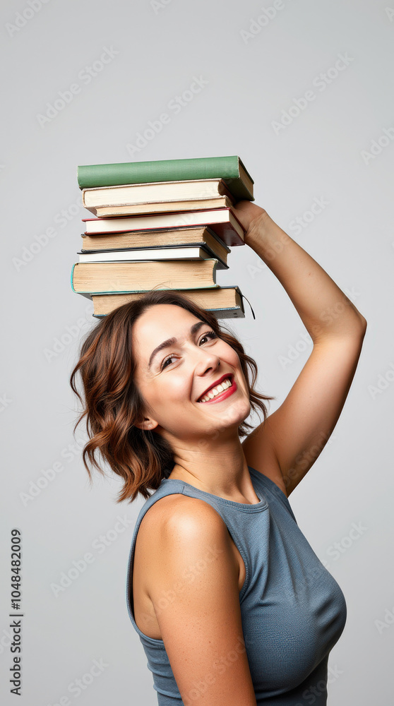 Creative Photo of Smiling Professional with Books on Their Head – Education, Learning, and Inspiration Concept Creative Photo of Smiling Professional with Books on Their Head – Education, Learning, and Inspiration Concept
