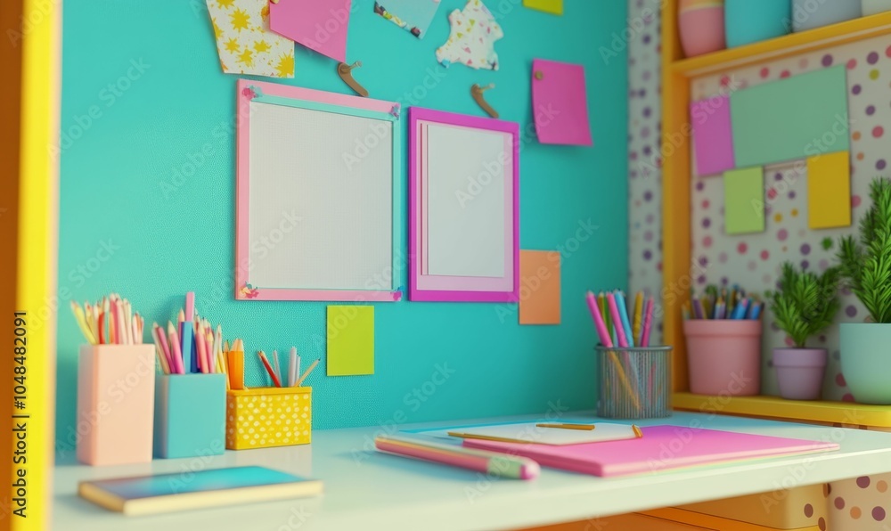 Colorful desk with stationery and blank frames. Colorful desk with stationery and blank frames.