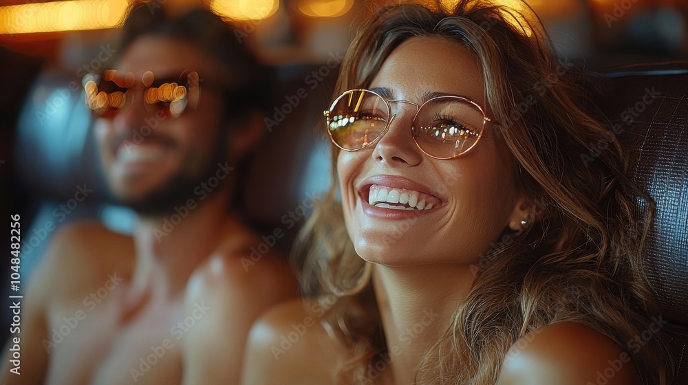 A happy woman with long hair wearing sunglasses, enjoying a moment with a man in a casual setting. The atmosphere is warm and cheerful. A happy woman with long hair wearing sunglasses, enjoying a moment with a man in a casual setting. The atmosphere is warm and cheerful.