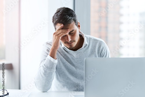 Businessman, headache and pressure with stress, injury or burnout from mistake or anxiety in office. Tired man, employee and inflammation with sore ache, discomfort or overworked with report