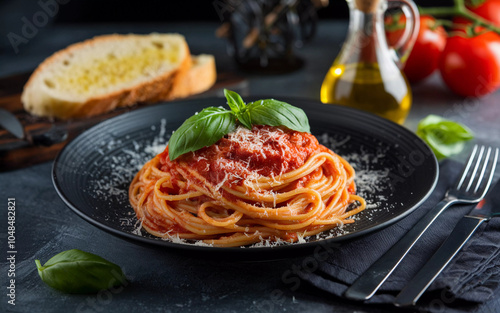 Italian Spaghetti with Tomato Sauce and Basil on Black Plate, Generative AI