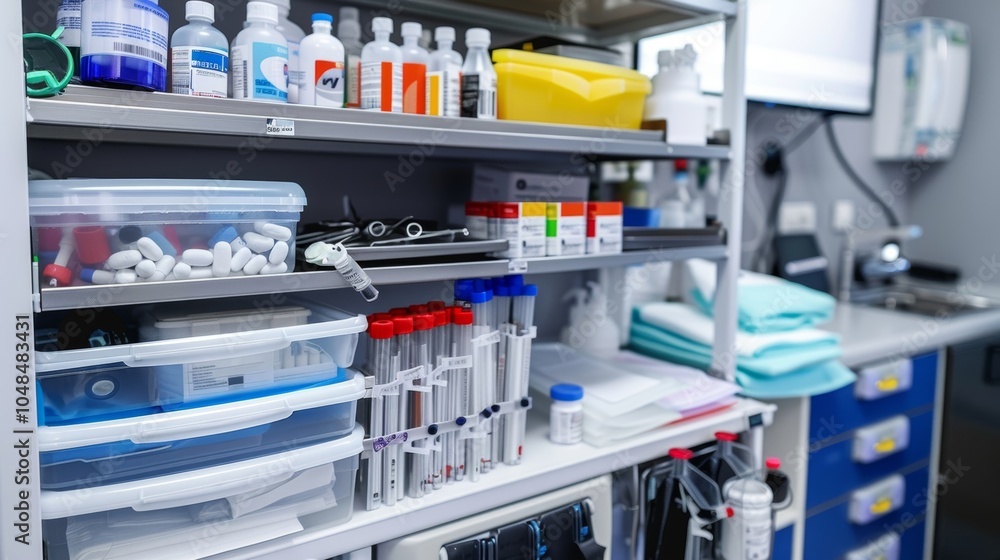 Stocked medical cart in a hospital room with gauze, pills, and test tubes, essential for patient care Stocked medical cart in a hospital room with gauze, pills, and test tubes, essential for patient care