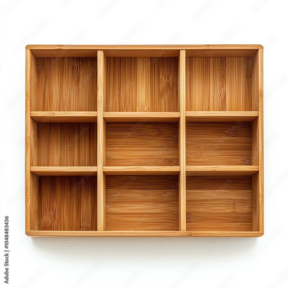 Bamboo divider tray with multiple compartments for organization, white isolate background. Bamboo divider tray with multiple compartments for organization, white isolate background.
