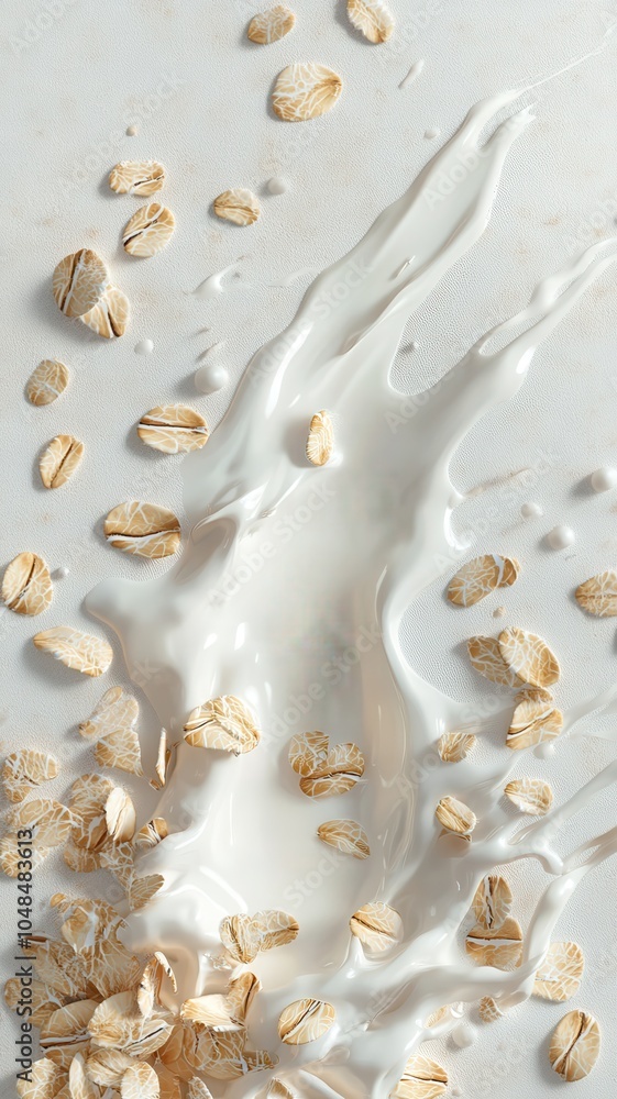 Falling oat flakes with milk splash on white background,Rolled oats falling into splashing milk,Dried oat plant Organic vegan liquid,Healthy breakfast meal,milkshake,yogurt spiral,diet drink. Falling oat flakes with milk splash on white background,Rolled oats falling into splashing milk,Dried oat plant Organic vegan liquid,Healthy breakfast meal,milkshake,yogurt spiral,diet drink.