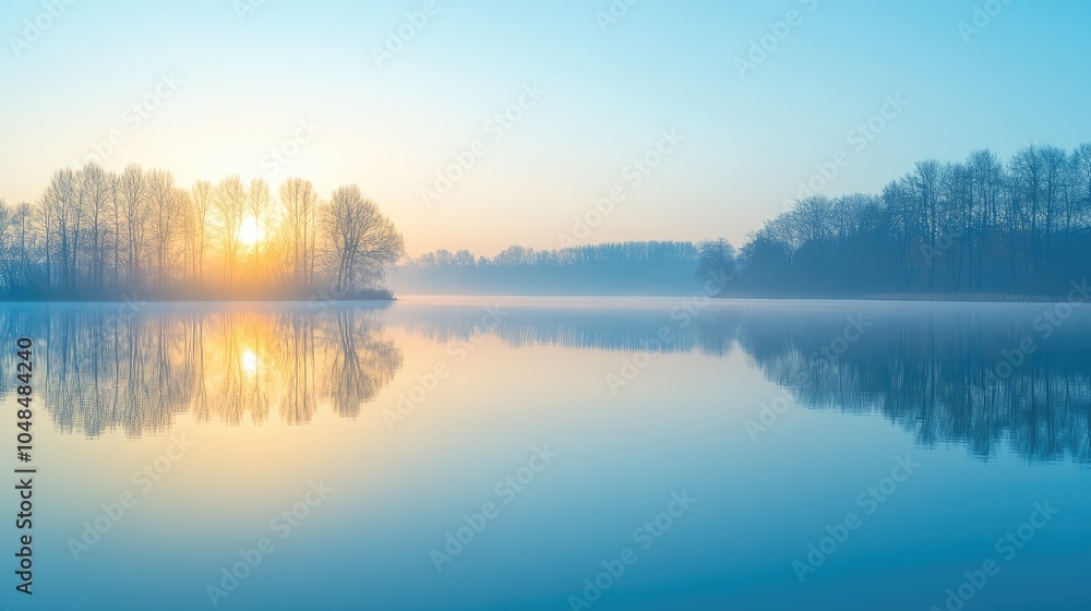 A clear sky over a calm lake at sunrise, with bright blue tones mirrored on the glass-like surface of the water A clear sky over a calm lake at sunrise, with bright blue tones mirrored on the glass-like surface of the water