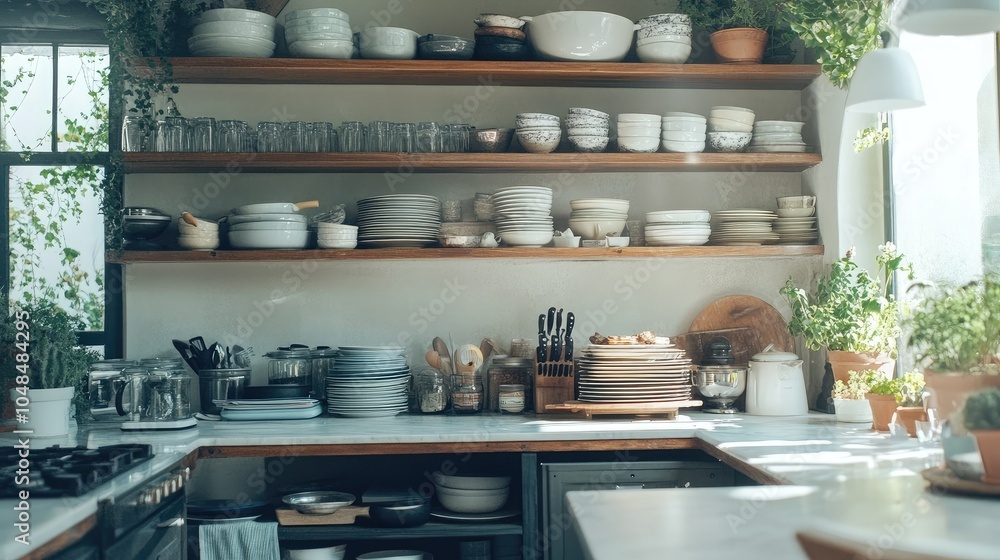Elegant Kitchen Shelves with Plates and Greenery Elegant Kitchen Shelves with Plates and Greenery
