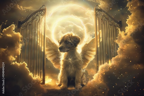 A small dog with angelic wings sits at the entrance of a glowing gate amidst clouds in a serene and ethereal setting photo