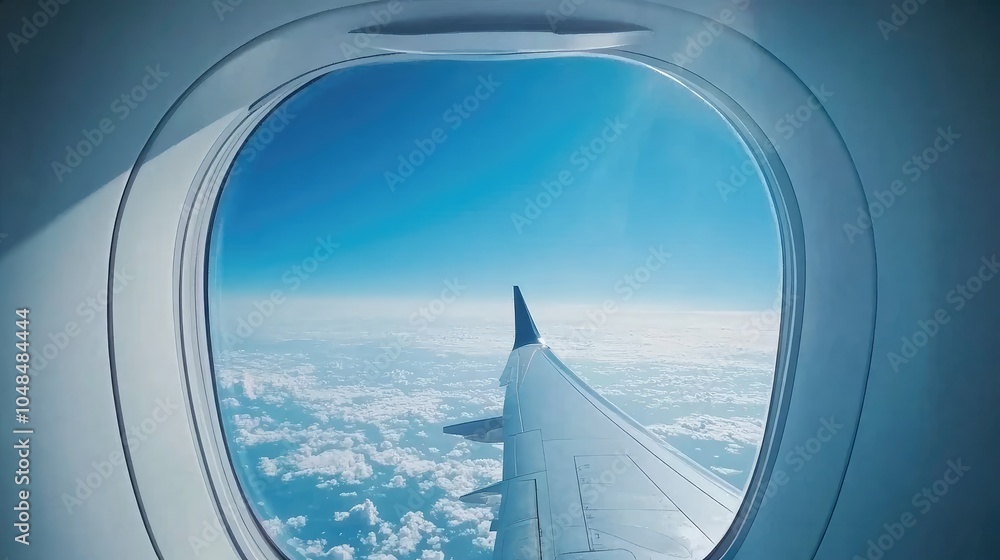A clear sky with a brilliant blue horizon seen through an airplane window, with the airplane wing cutting across the frame A clear sky with a brilliant blue horizon seen through an airplane window, with the airplane wing cutting across the frame