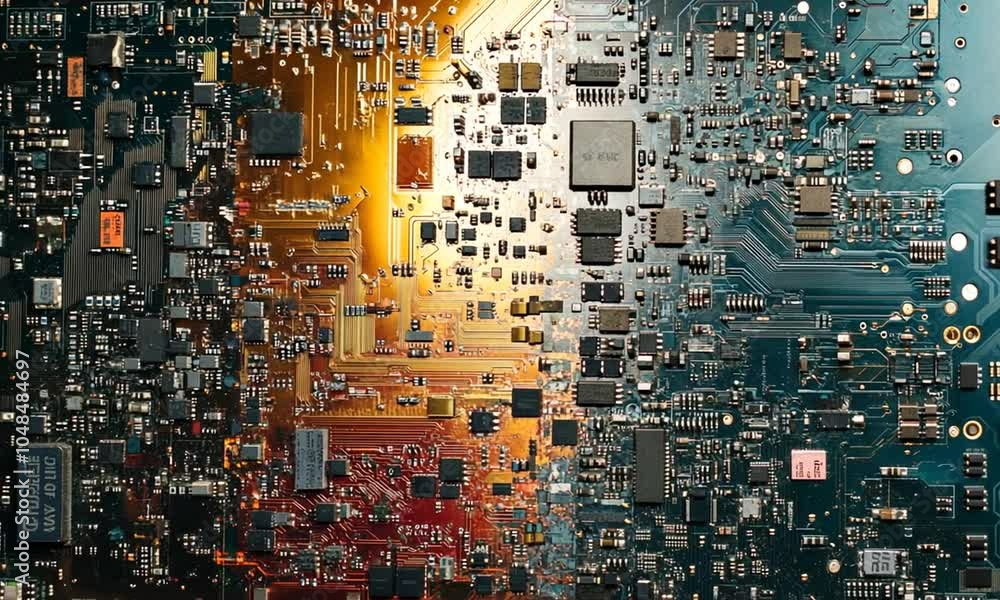 A close-up of a circuit board showcasing intricate electronic components and connections. A close-up of a circuit board showcasing intricate electronic components and connections.