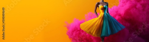 Colorful fashion model in vibrant dress against a bright, abstract background.