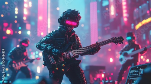 Cyberpunk Guitarist Performing on Stage with Neon Lights photo