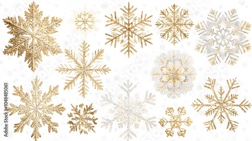 Snowflake patterns with glitter, isolated on white or transparent background