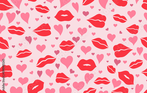 Seamless pattern kisses. Template pattern for St. Valentine's Day. Red lips with hearts of different sizes. Vector holiday background. Valentines seamless pattern with colorful lips and hearts.