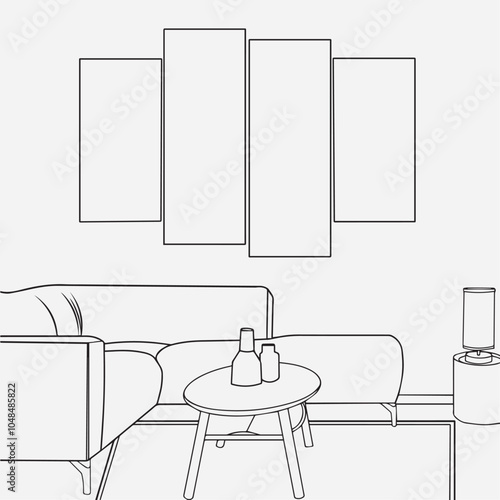 Interior design with modern living room in black sketch line on white background. Living room line. Modern interior and furniture. graphic black, white home interior sketch illustration vector. Doodle