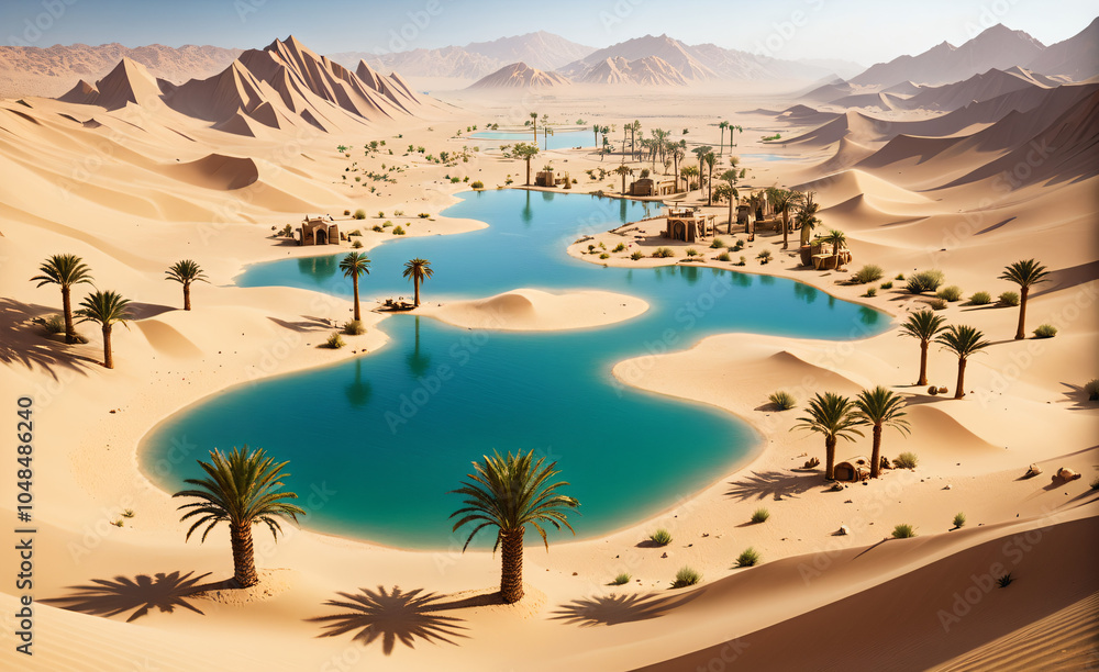 Naklejka premium DnD battle map, game map design, desert with a hidden small oasis