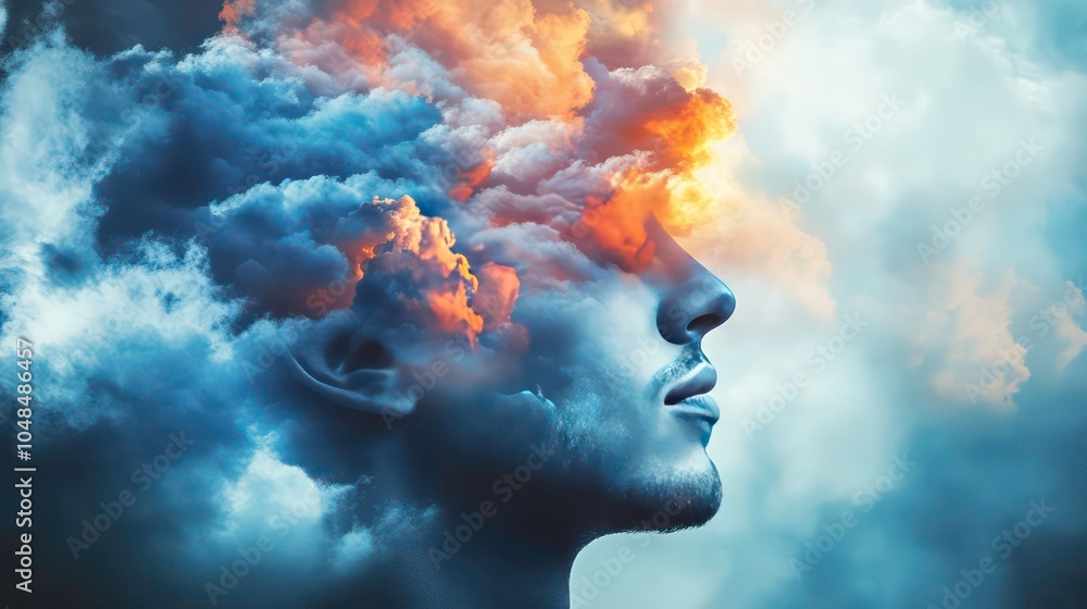 A man's face is partially obscured by a cloud formation, suggesting the power of the mind, imagination, and the ephemeral nature of thought. A man's face is partially obscured by a cloud formation, suggesting the power of the mind, imagination, and the ephemeral nature of thought.