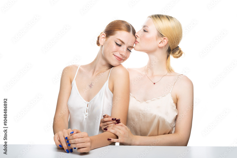 Young girlfriends posing in the studio on a white background. Beauty portrait of a redhead and a blonde. Friendship and love of a couple of girls. Young girlfriends posing in the studio on a white background. Beauty portrait of a redhead and a blonde. Friendship and love of a couple of girls.