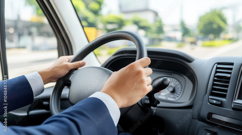 A businessman in a suit driving a vehicle, focusing on steering, symbolizing control, navigation, and transportation. A businessman in a suit driving a vehicle, focusing on steering, symbolizing control, navigation, and transportation.