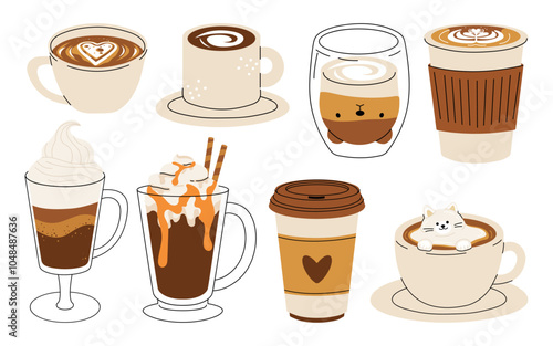 Set of cute Coffee Cups with Latte Art. Collection of coffee drinks with variety latte art heart, leaf, bear, cat, Flower. Cafe Bar or Coffee House Graphics. Vector Illustration, Icons. Isolated 