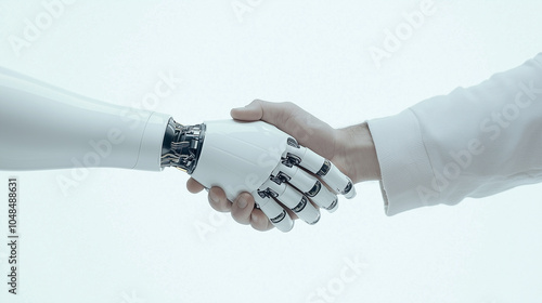 A close-up shot of a friendly handshake between an AI robot and a man, symbolizing the integration of artificial intelligence into everyday life, set against a clean white backgrou