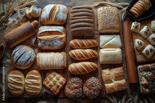 Various types of bread. Top view. Wallpaper, backgrouns, poster or banner design for bakery.  photo