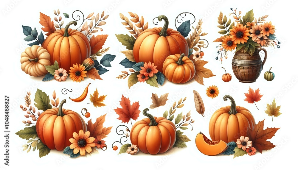 Vibrant Autumn Harvest Display with Pumpkins and Sunflowers Vibrant Autumn Harvest Display with Pumpkins and Sunflowers