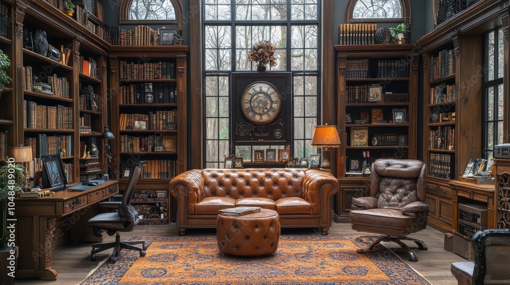 A luxurious home library with a large leather sofa, an armchair, and a large window overlooking a garden. A luxurious home library with a large leather sofa, an armchair, and a large window overlooking a garden.