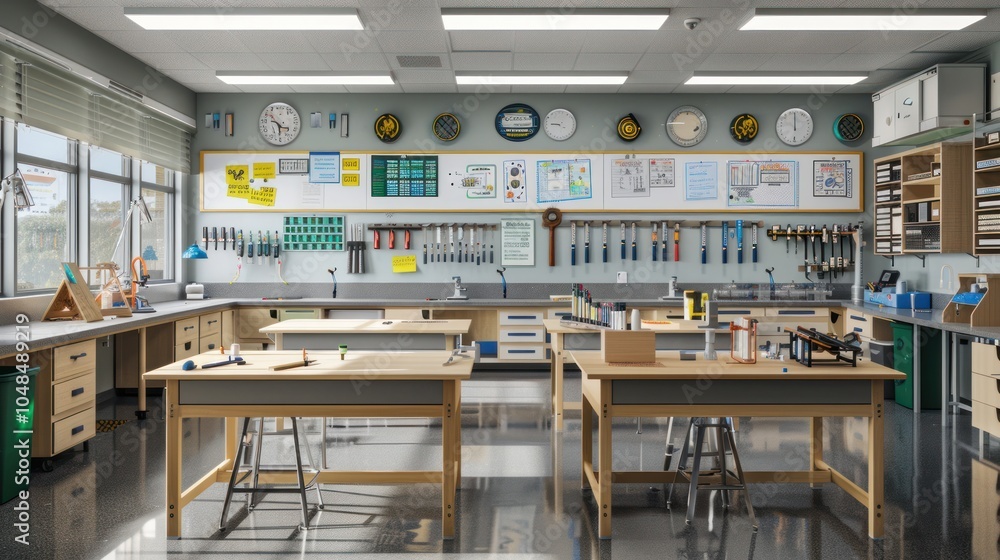 Fototapeta premium A well-equipped workshop with wooden tables and tools hanging on the wall
