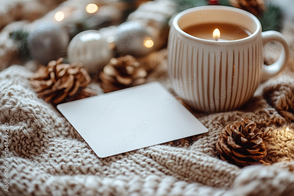 Warm and cozy winter setting featuring a blank card, lit candle, and pinecones on a knitted blanket. Perfect for holiday greetings or invitations. Warm and cozy winter setting featuring a blank card, lit candle, and pinecones on a knitted blanket. Perfect for holiday greetings or invitations.