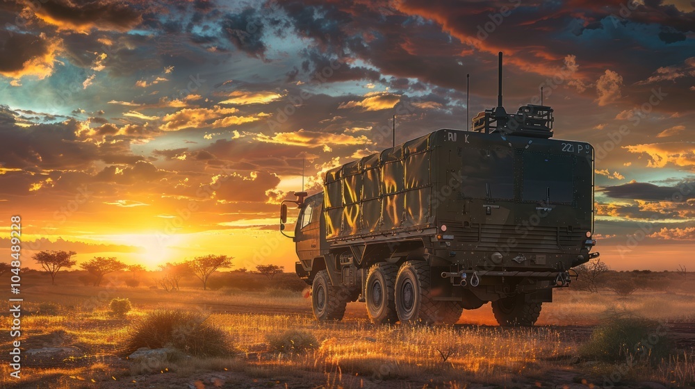 Fototapeta premium Military Truck at Sunset in a Desert Landscape