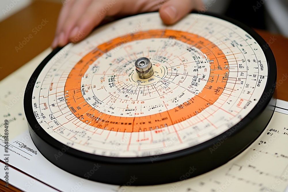 A circular scientific instrument with concentric circles and markings for calculations. A circular scientific instrument with concentric circles and markings for calculations.