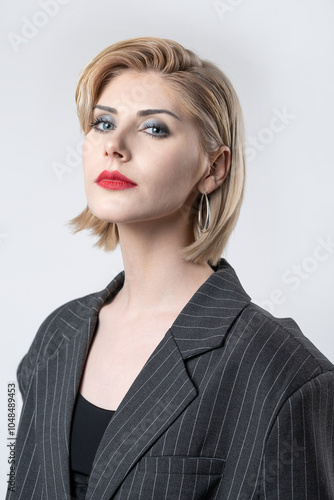 Portrait of a seductive, stylish business lady in the studio. Blonde girl in a suit and top.