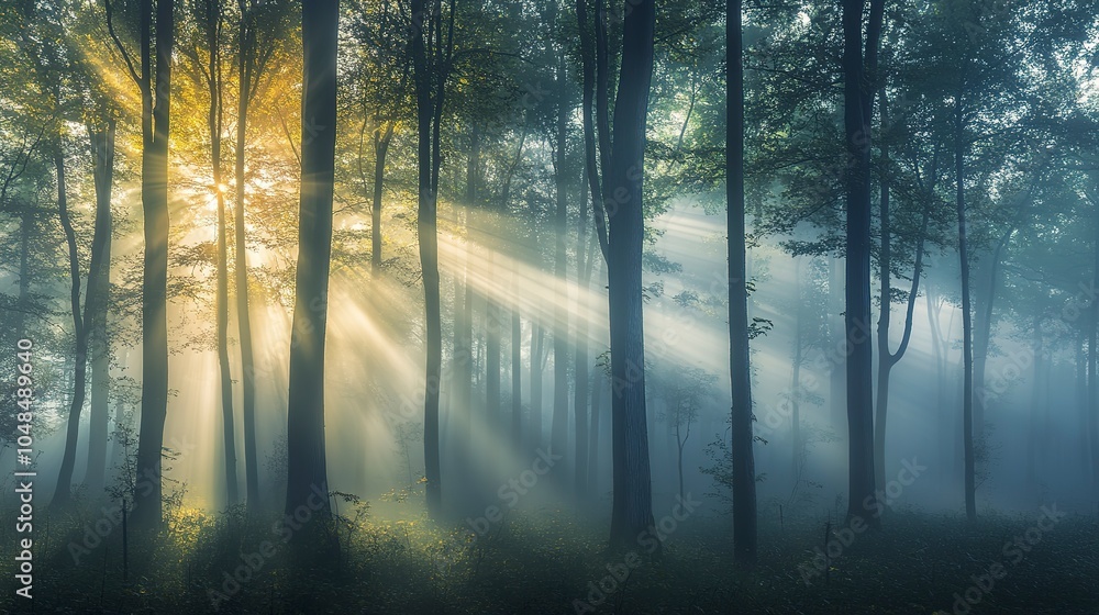 Fototapeta premium Sunbeams filtering through the fog in a dense, misty forest, casting warm light on the surrounding trees and creating a calm ambiance. Real photo, stock photography.