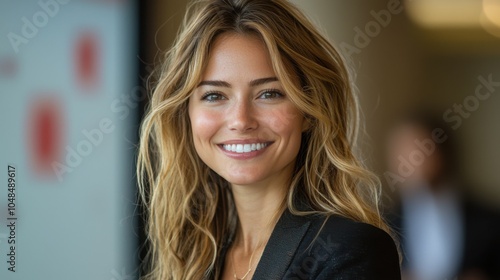 A smiling woman with long hair is posed against a blurred background, exuding confidence and warmth in a modern setting. Free Download A smiling woman with long hair is posed against a blurred background, exuding confidence and warmth in a modern setting. - GFXLoad