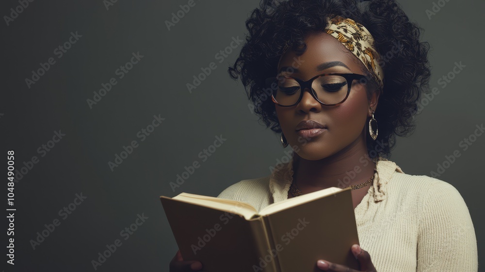Woman Reading a Book with Stylish Glasses and Curly Hair Woman Reading a Book with Stylish Glasses and Curly Hair