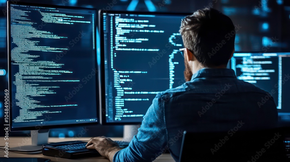 A programmer working late at night, focused on coding on his dual monitors. A programmer working late at night, focused on coding on his dual monitors.