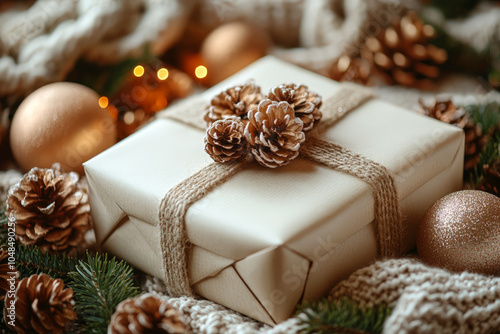 A cozy Christmas present wrapped in a simple beige paper with twine, decorated with pinecones and surrounded by holiday ornaments.