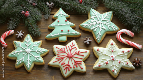 Festive Christmas Cookies with Icing – Snowflakes, Stars, and Trees on Rustic Wooden Table with Pine Branches and Candy Canes – Cozy Holiday Decor and Treats